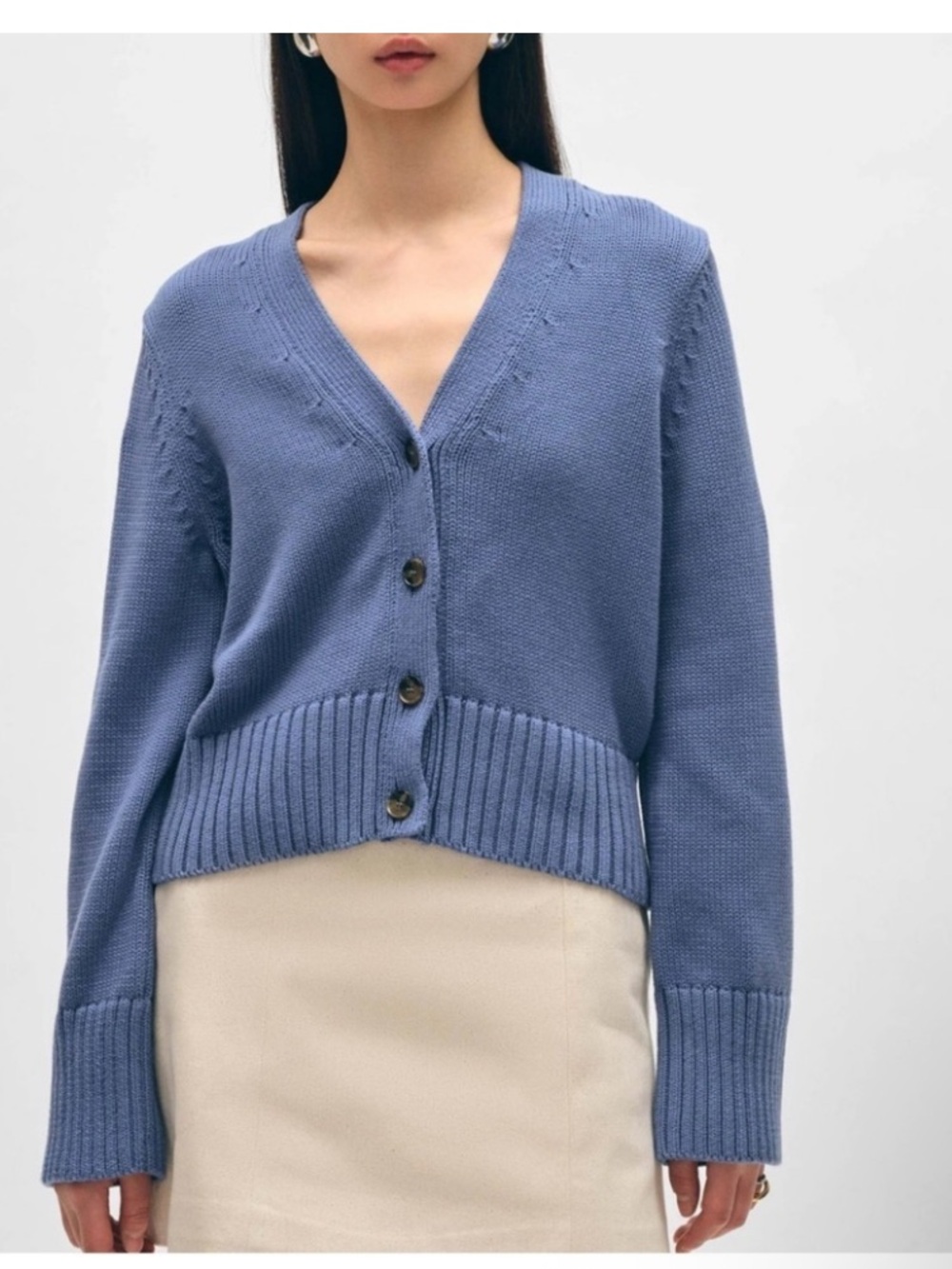 White + Warren Organic Cotton Button Cardigan cropped V-Neck Sweater Size Small